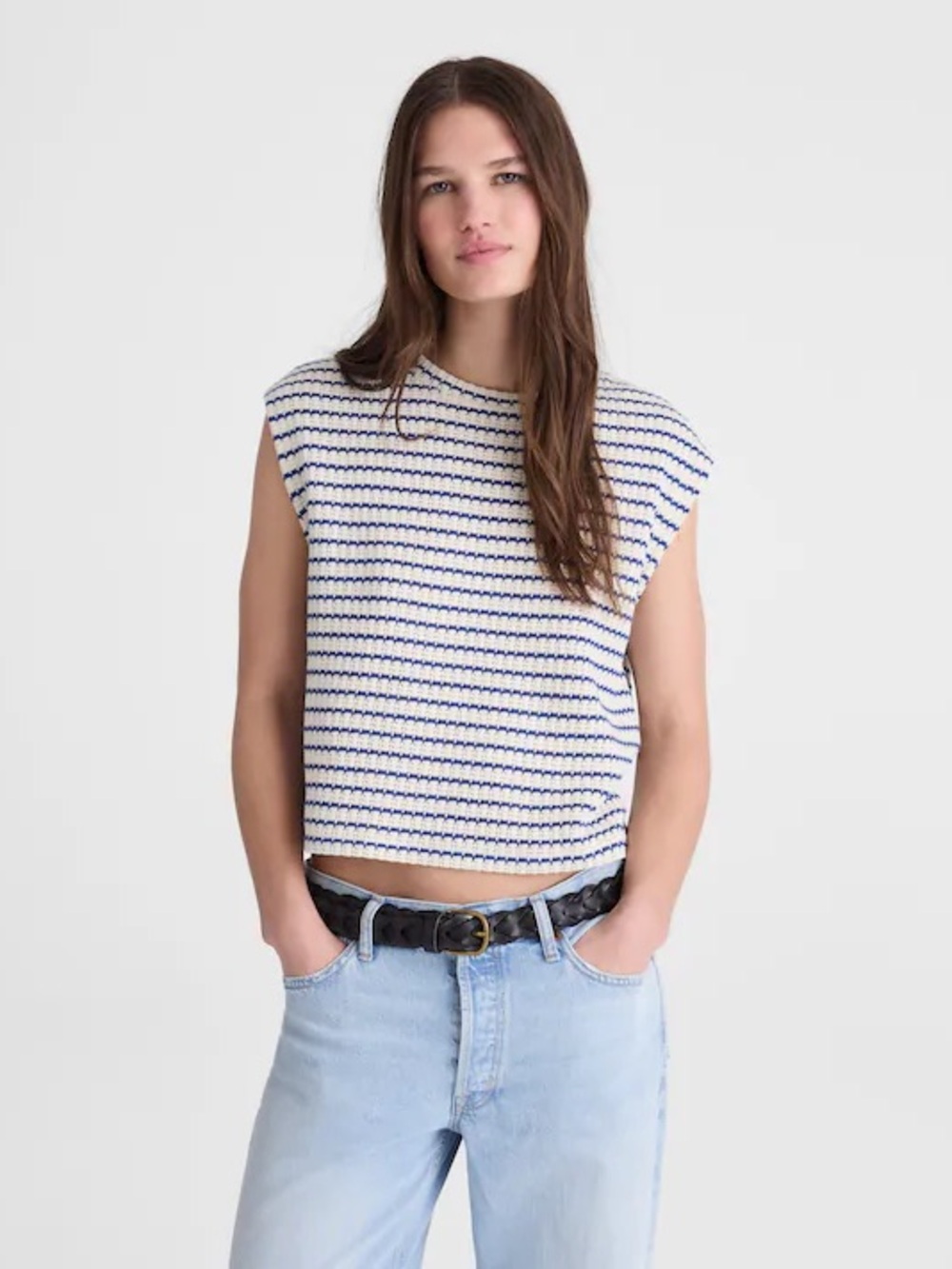 Madewell Textured-Knit Boxy Muscle Tee White Blue Striped Sleeveless Knit large